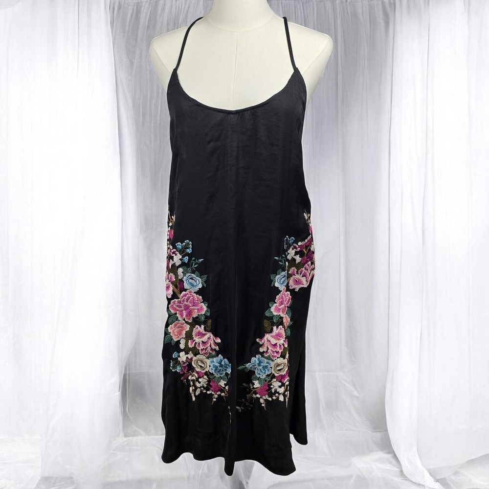 Lucky Brand Swimwear Dress Woman M Black Embroidered Floral Slip Spaghetti Strap
